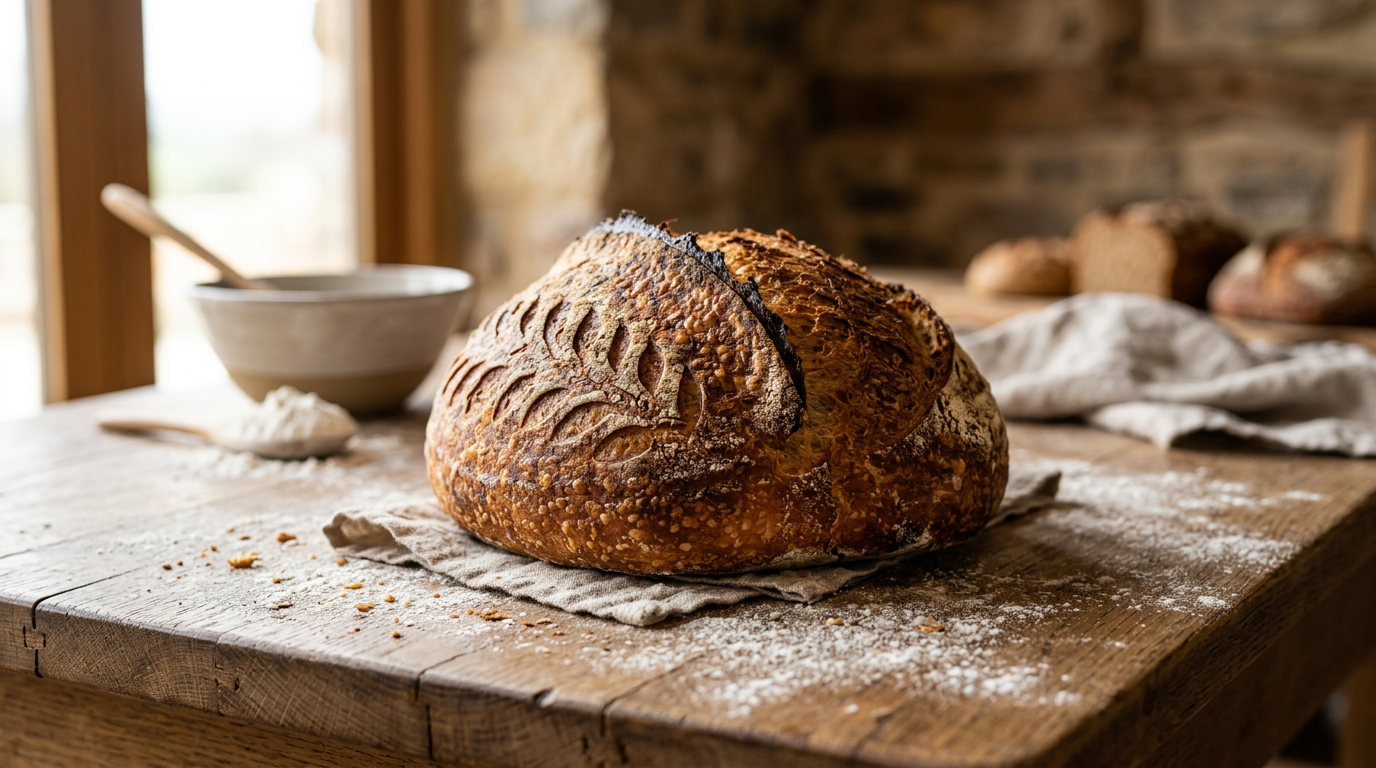 Freshly baked artisan sourdough bread on a wooden surface